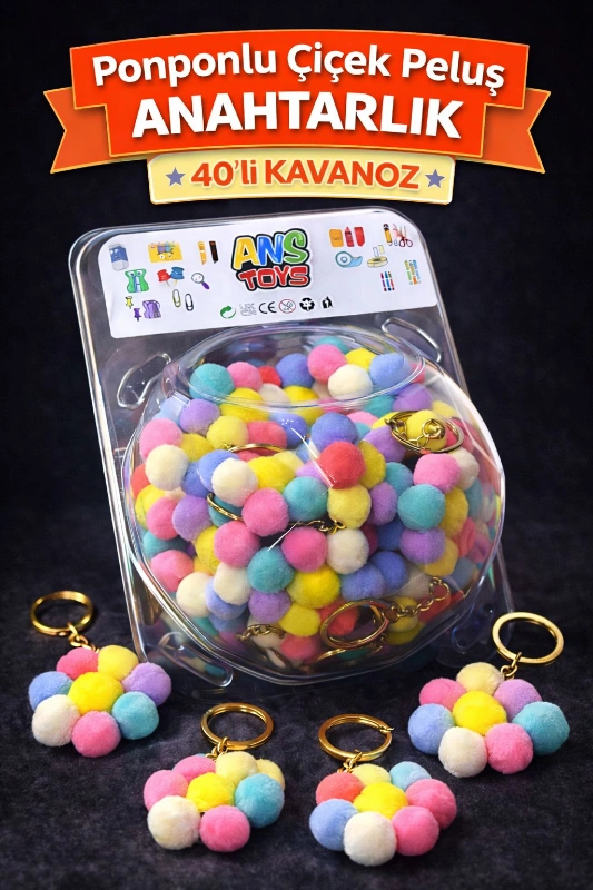 PONPONLU ÇİÇEK ANAHTARLIK / 40LI KAVANOZ